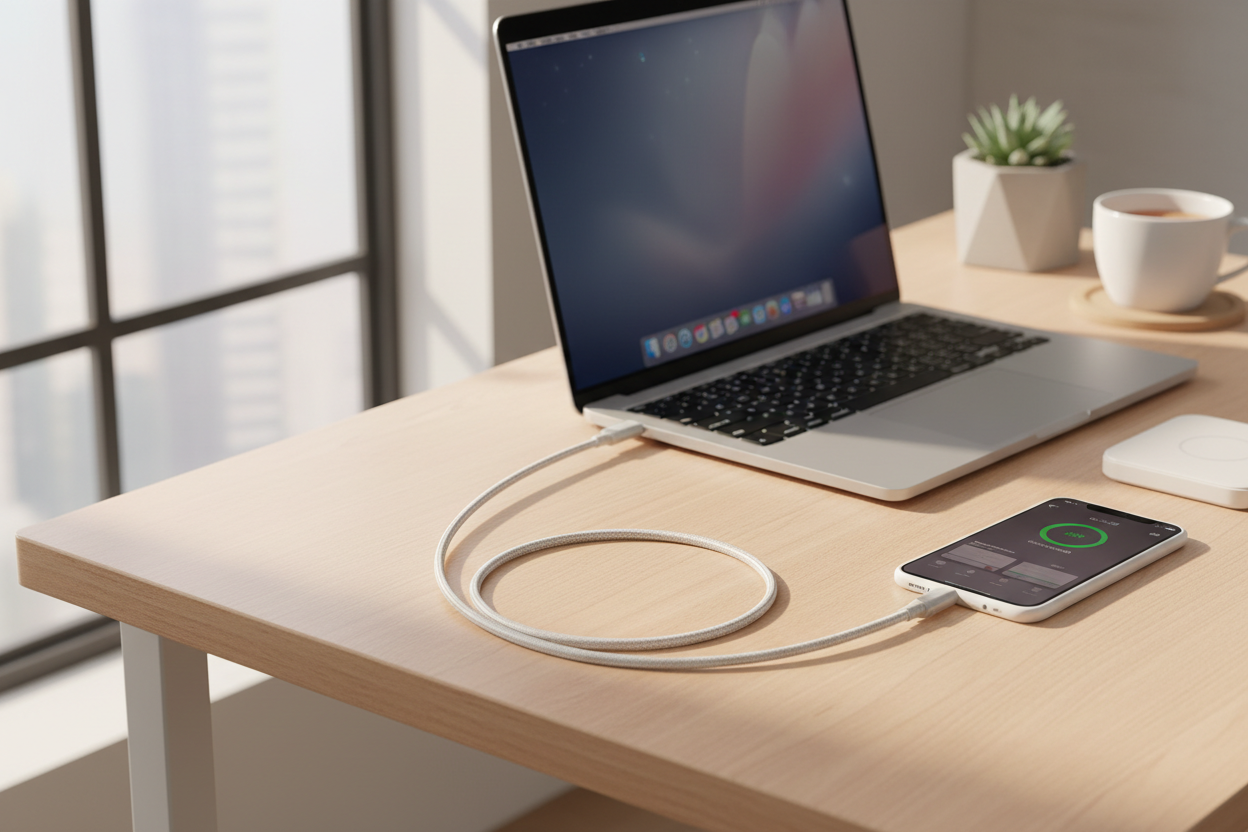 Cable USB-C blanco conectado a laptop y smartphone