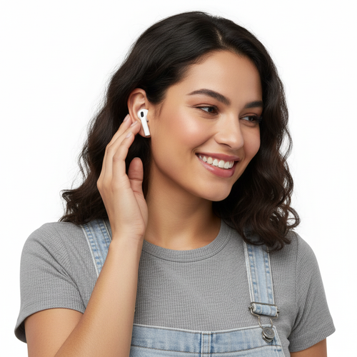 Persona usando AirPods 4ta Generación blancos en estudio con fondo claro