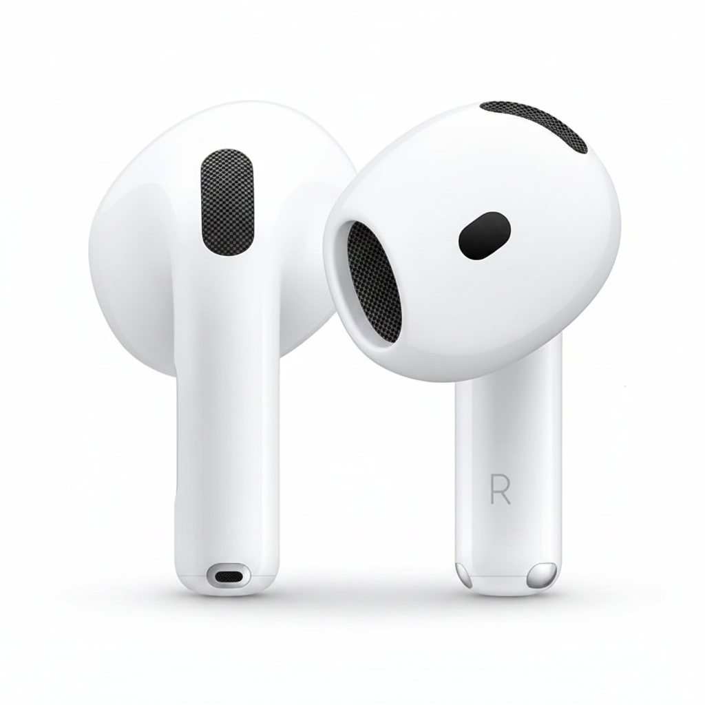 Close-up de AirPods 4ta Generación blancos sin almohadillas sobre fondo blanco