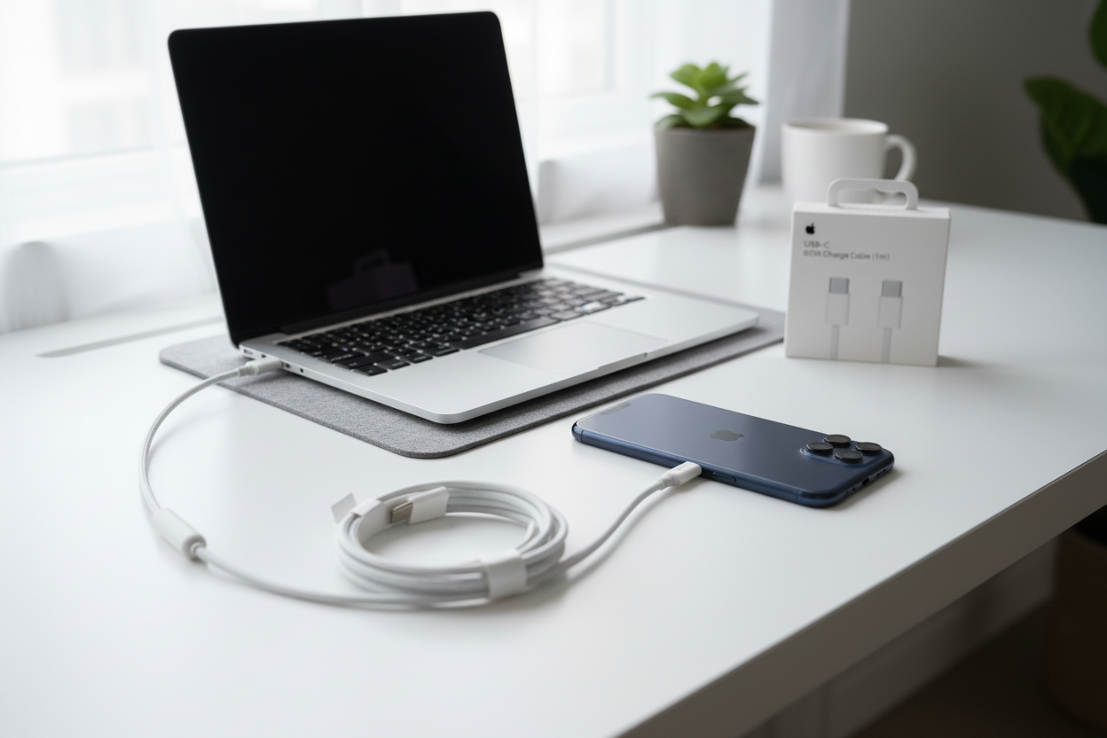 Cable USB-C 60W Apple conectando MacBook y iPhone