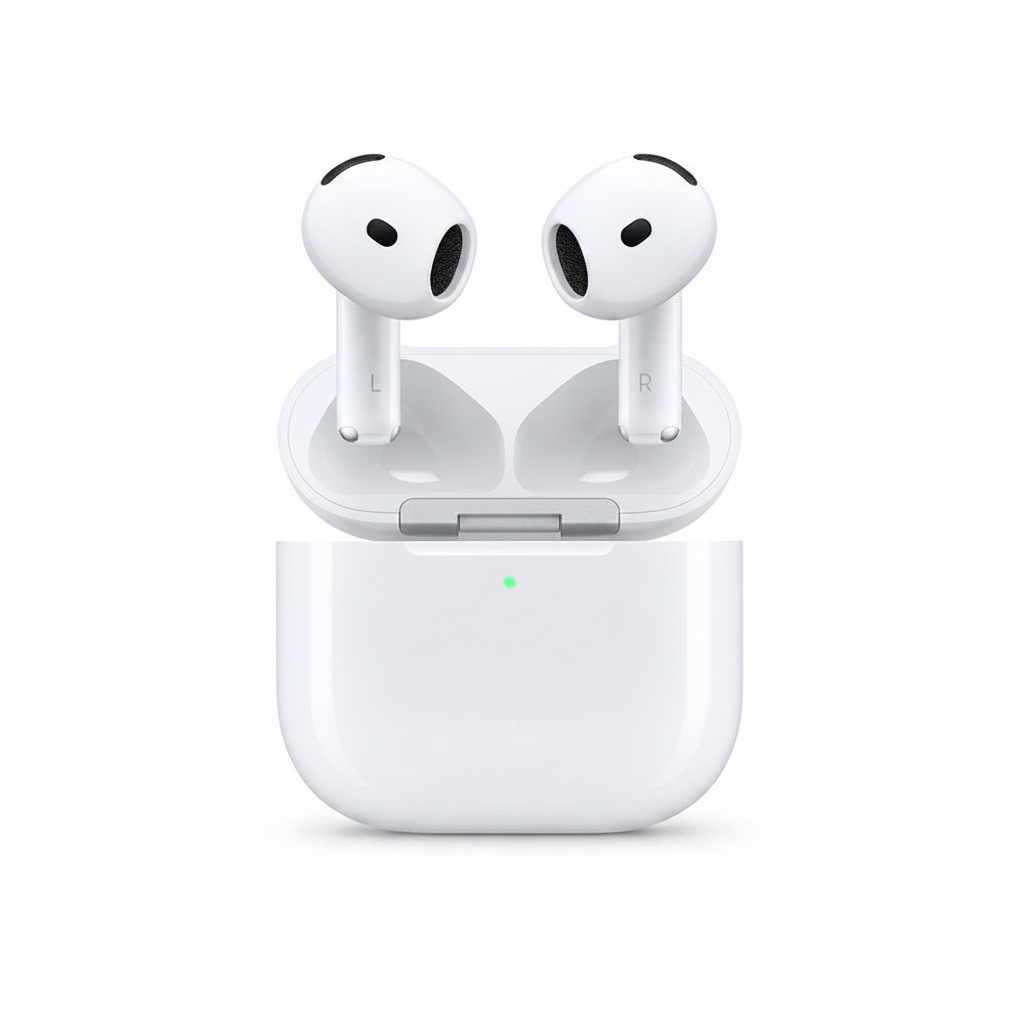 AirPods 4ta Generación blancos con estuche de carga abierto sobre fondo blanco