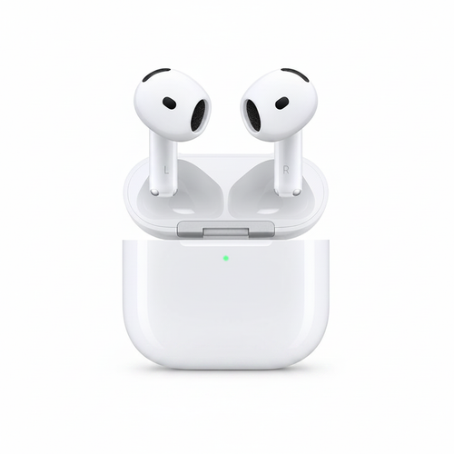 AirPods 4ta Generación blancos con estuche de carga abierto sobre fondo blanco